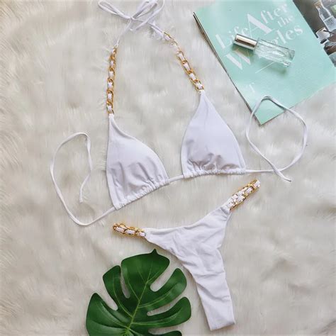 Para Praia Metal Chain Bikini Sexy Push Up Swimwear Women Nylon Brazilian Swimsuit Thong