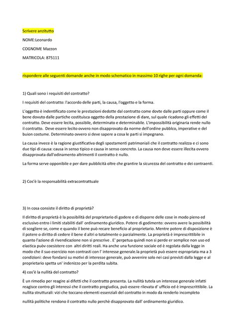 Simulazione D Esame Domande Aperte Scrivere Anzitutto NOME Leonardo