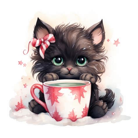 Premium AI Image Enchanting Winter Delights A Playful Fluffy Kitten And Hot Cocoa Wonderland