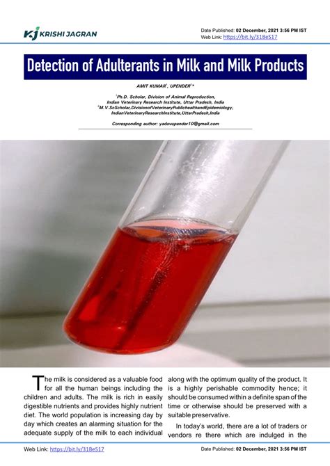 Pdf Detection Of Adulterants In Milk And Milk Products