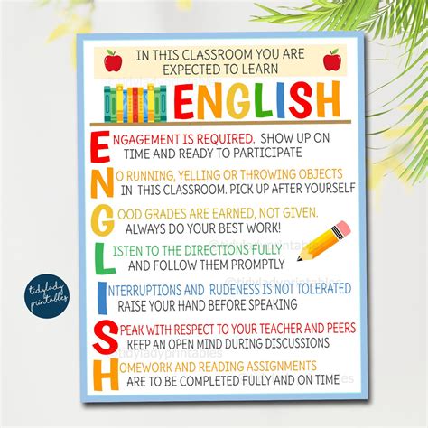 English Classroom Poster Tidylady Printables