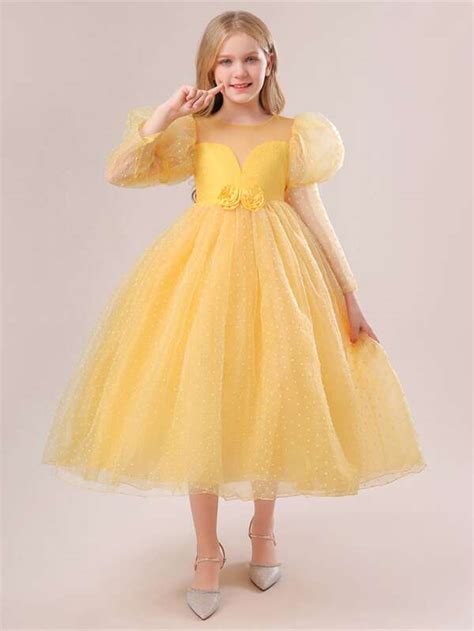 Tween Girls Formal Dress Long Sleeve Solid Color Net Yarn Satin Dress