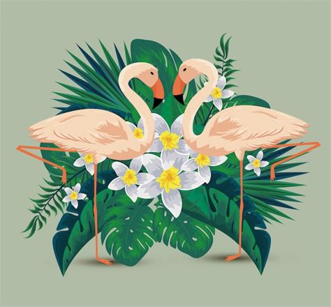 Flamingos Plantas E Folhas De Flores Tropicais Vetor Premium