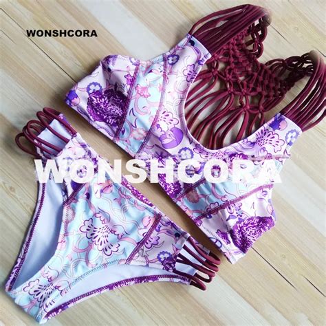 WONSHCORA 2017 New Braided Rope Sexy Women Bikini Set Red Printing