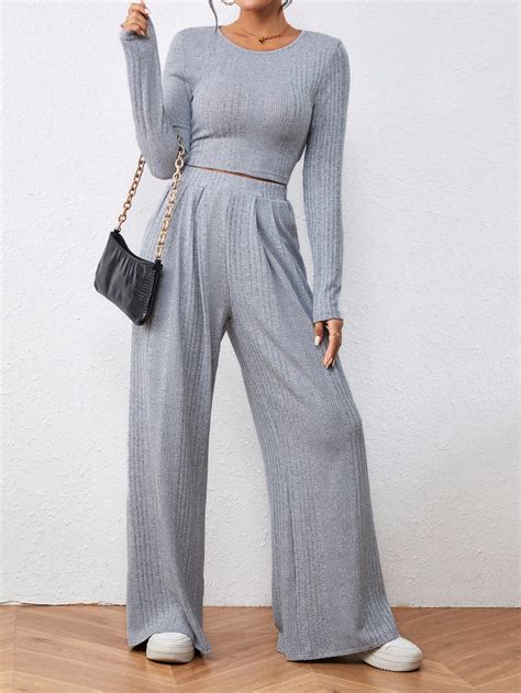 SHEIN Essnce Solid Crop Tee Wide Leg Pants SHEIN USA