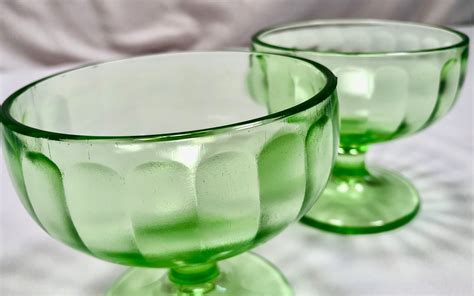 Vintage Midcentury Green Glass Footed Dessert Cups Set Of Two