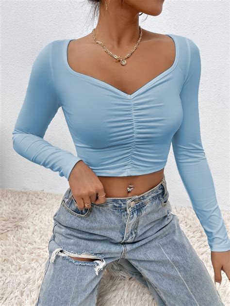 Baby Blue Solid Sweetheart Neck Crop Tee