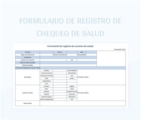 Plantilla De Excel Formulario De Registro De Chequeo De Salud Y Hoja De