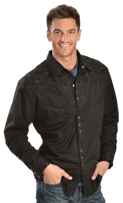 Scully Men S Black Floral Embroidered Retro Long Sleeve Western Shirt