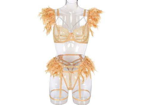 Gold Feather Lingerie Set Lingerie Set Bridal Lingerie See Etsy