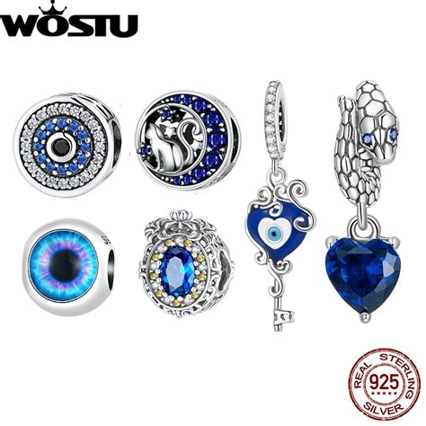 Wostu Sterling Silber Retro Blau Kristall Herz Perlen D Mon Auge