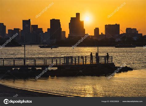 View Odaiba Tokyo Bay Skyline Tokyo Sunset Silhouettes Unrecognizable ...