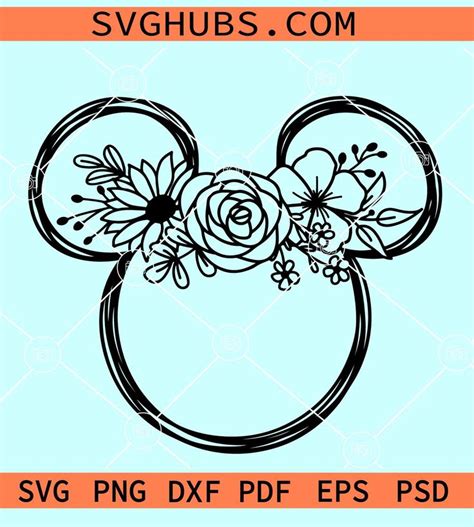 Mickey Ears Flower Crown SVG Disney Cartoon SVG Floral Mouse Ears SVG