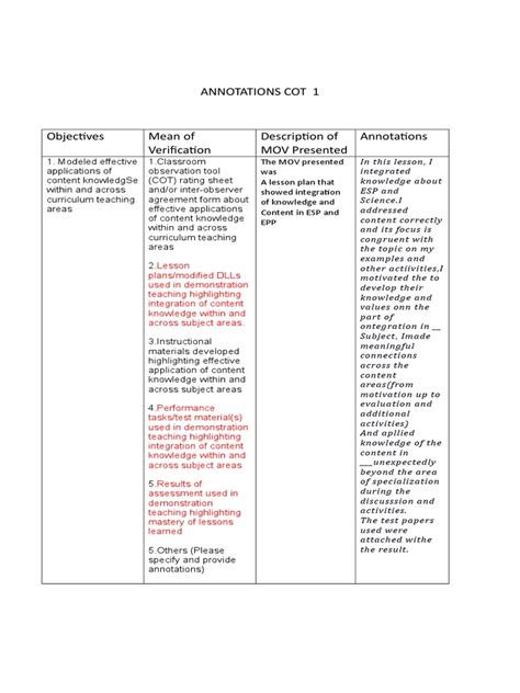 Annotations Cot 1 Pdf Lesson Plan Learning