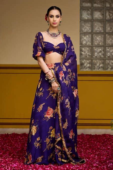 Buy Purple Organza Printed Floral Sweetheart Pattern Blouse Lehenga Set