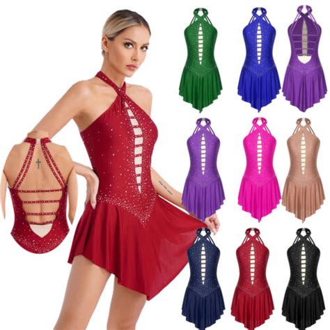 Womens Glittery Lyrical Leotard Halter Dance Dress Sleeveless Latin