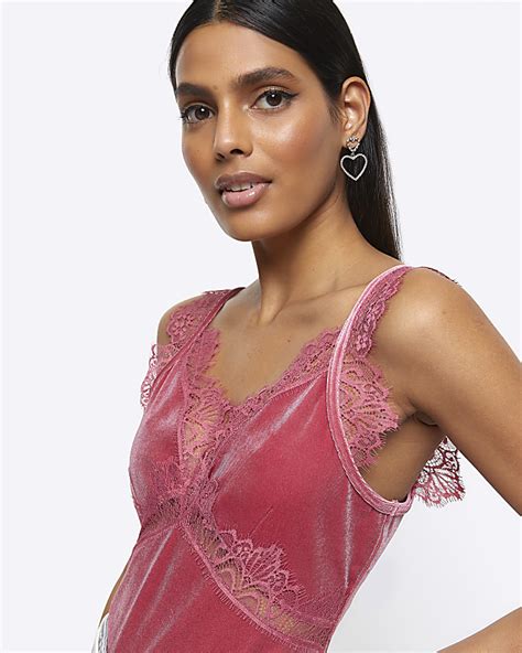 Pink Velvet Lace Trim Bodysuit River Island