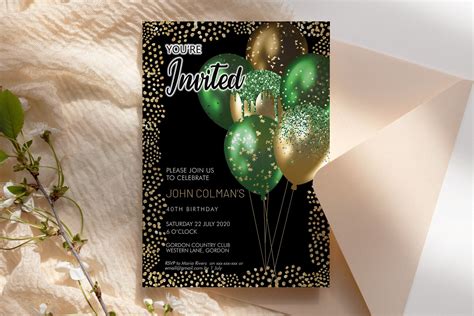 Green Gold Birthday Balloons Invitation Printable Template - Etsy