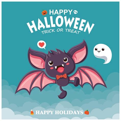 Premium Vector Vintage Halloween Poster Design With Vector Bat Ghost