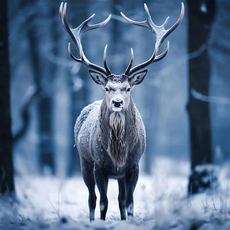 Premium Ai Image A Deer With Large Antlers Standing In A Snowy Forest