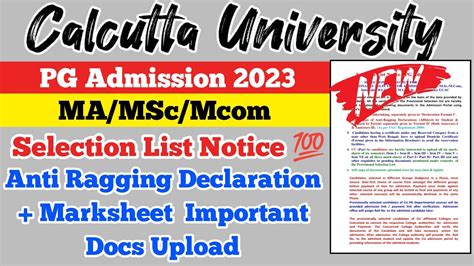 Calcutta University PG Admission 2023 MA MSc Mcom Selection List 2023