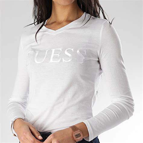 Guess Tee Shirt Slim Col V Femme Manches Longues W Gi K D Blanc