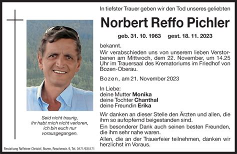 Traueranzeigen Von Norbert Reffo Pichler Trauer Bz