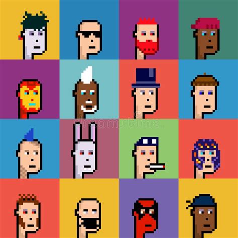 Set Of Faces In Pixel Style Nft Collection Heads Of Different