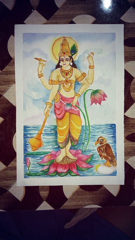 Watercolour painting of god Vishnu.