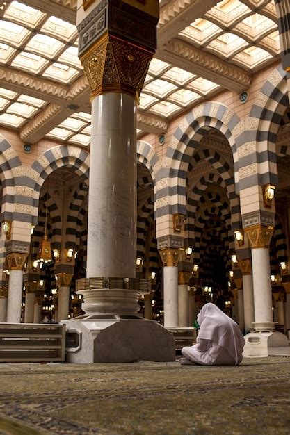 Premium Photo | Muslims praying inside Nabawi Mosque. Interior view of ...