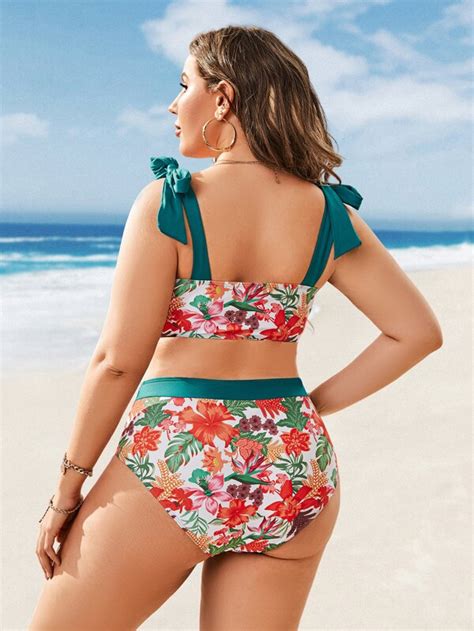 Plus Tropical Print Knot Shoulder Push Up Bikini Swimsuit Shein Usa