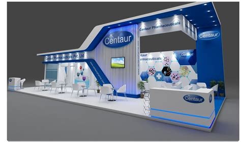 An Exhibition Stand With White Chairs And Blue Accents On The Walls