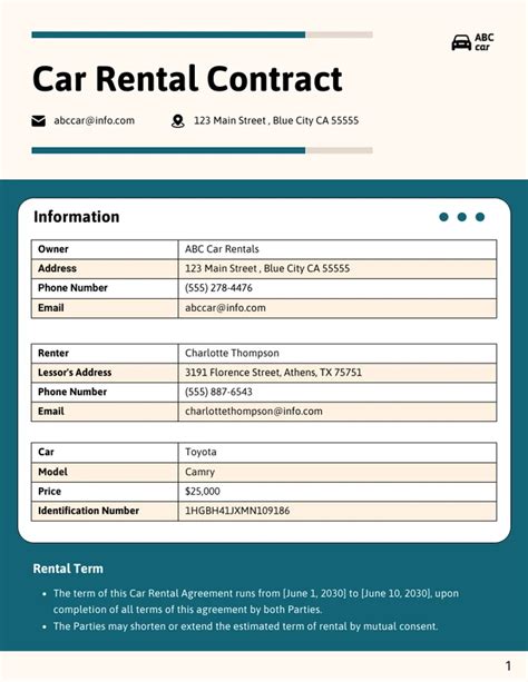 Car Rental Contract Template Venngage