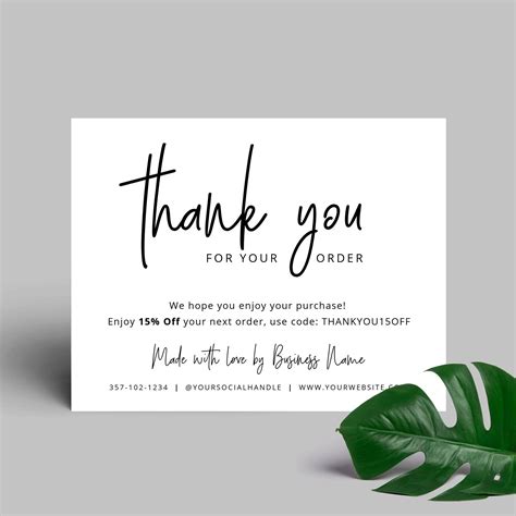 Printable Business Thank You Card Template, Thank You for Your Order Note, Black & White Package ...