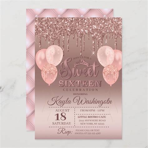 Rose Gold Glitter Drip Sweet Sixteen Birthday Invitation Zazzle