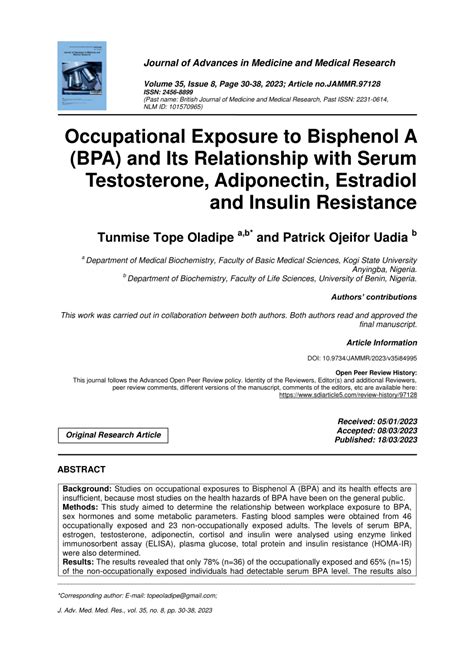 PDF Occupational Exposure To Bisphenol A BPA And Its Relationship