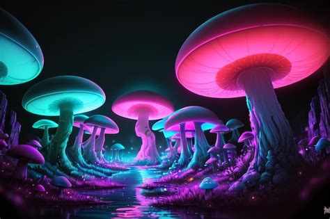 Premium AI Image | A digital painting of mushrooms with neon lights.