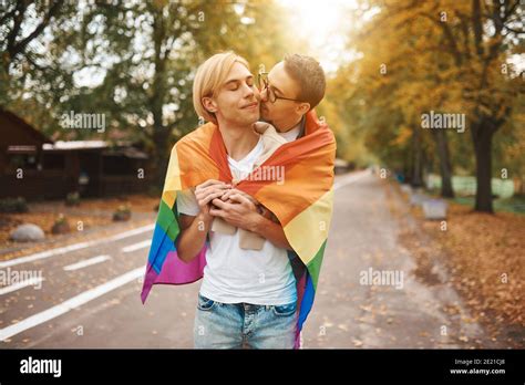 Romantic Gay Couple Hugging Kissing And Holding Hands Outdoors Two Handsome Men Holding Lgbt