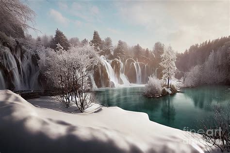 Plitvice Lakes in winter with frozen waterfalls Digital Art by Benny ...