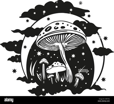 Magic Mushroom Moon Vector Silhouette Black Line Contour Drawing