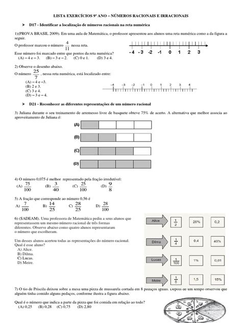 Exercícios 9º Ano Números Racionais E Irracionais Pdf Pdf Número