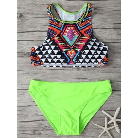 Geometric Print High Neck Bikini Set 24 BAM Liked On Polyvore