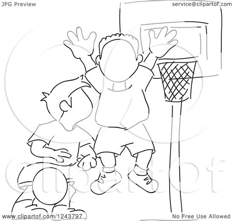 Clipart Of Black And White Sketched Boys Playing Basketball Royalty