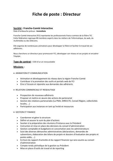 Fiche De Poste Directeur Financier