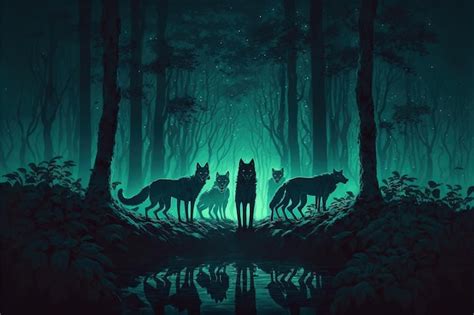 Premium Photo | Night scene of glowing wolves in the dark forest ...