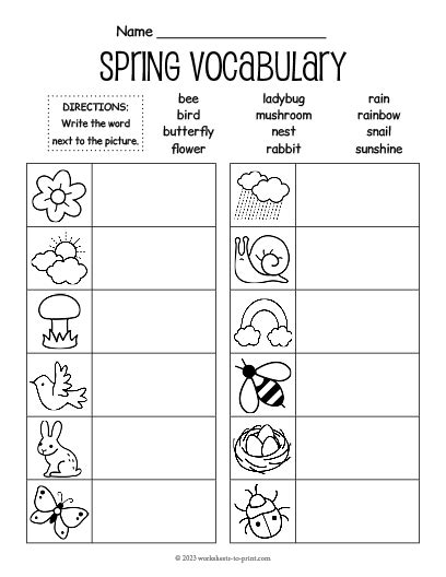 Spring Vocabulary Fill In Worksheet