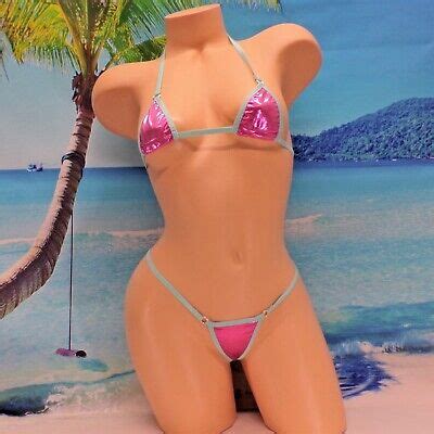 Mini Micro G String Bikini Metallic Dusty Pink W Turquoise Trim S M Ebay