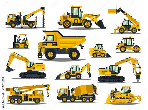 Big set of construction equipment. Special machines for the construction work. Forklifts, cranes ...