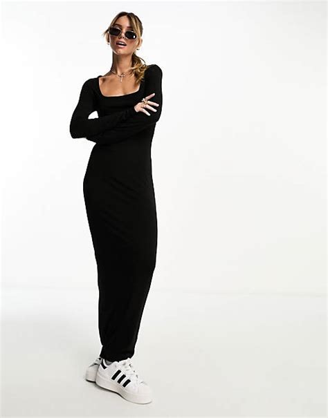 Miss Selfridge Super Soft Square Neck Long Sleeve Maxi Dress In Black