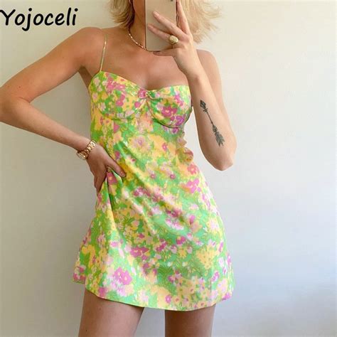 Yojoceli Sexy Print Short Women Strap Dress Summer Elegant Casual Cool